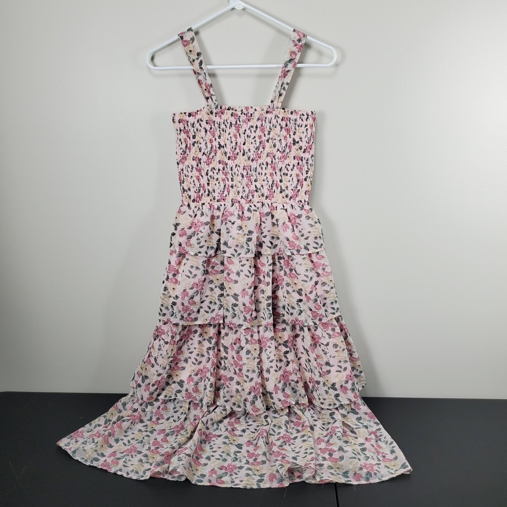 Mimi Chica Womens Dress Sleeveless Layered Tiered Floral Print Pink Smocked S